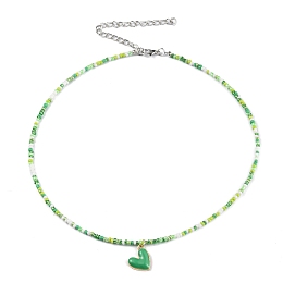 Honeyhandy Alloy Enamel Heart Charm Necklace, Glass Seed Beaded Necklace for Women, Green, 17.13 inch(43.5cm)