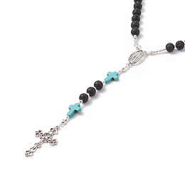 Honeyhandy Natural Lava Rock & Synthetic Green Turquoise Rosary Bead Necklace, Alloy Virgin Mary & Cross Pendant Necklace for Women, 24.41 inch(62cm)