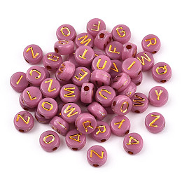 Honeyhandy Plating Acrylic Beads, Golden Metal Enlaced, Horizontal Hole, Flat Round with Letter, Pale Violet Red, 6.5~7x3.5~4mm, Hole: 1.6mm, about 3600g/500g