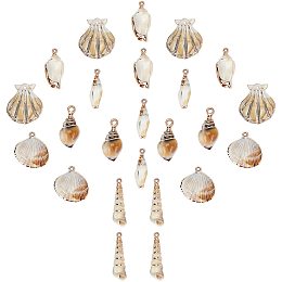 SUNNYCLUE 1 Box 24Pcs 6 Styles Sea Shell Pendants Electroplated Shell Charms Imitation Gemstone Style Spiral Shell Acrylic Charm for Women DIY Earring Necklace Bracelet Jewellery Making