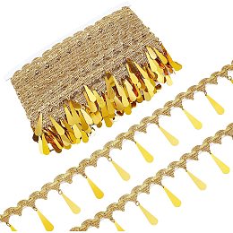 AHANDMAKER 30 Yards Teardrop Shaped Sequin Tassel Trim, 2 Inch Width Ethnic Style Sparkle Polyester Ribbon Fringe Lace, for Clothing Belt Hat Decoration Sewing (Gold)