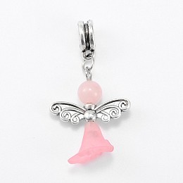 Honeyhandy Lovely Wedding Dress Angel Alloy European Dangle Large Hole Pendants, with Rose Quartz Beads and Transparent Acrylic Beads, 38mm, Hole: 5mm