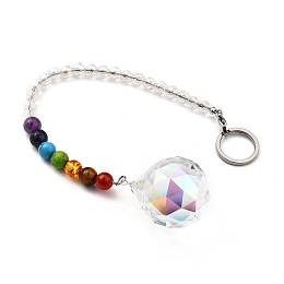 Honeyhandy Chakra Round Ball Crystal Suncatcher Dowsing Pendulum Pendants, with 304 Stainless Steel Split Key Rings, Glass and Gemstone Beads, Velvet Bag, Stainless Steel Color, Colorful, 25.5cm