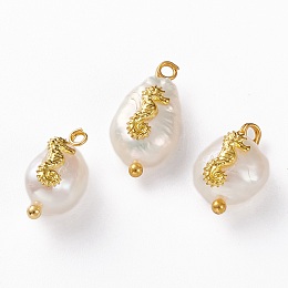 Honeyhandy Natural Keshi Pearl Pendants, with Alloy Cabochons and Brass Loops, Nuggets with Sea Horse, Golden, 13~16x8~9x5~8mm, Hole: 2mm