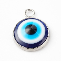 Honeyhandy Resin Evil Eye Pendants, with 304 Stainless Steel Settings, Stainless Steel Color, 16.5x14x4.5mm, Hole: 2.3mm