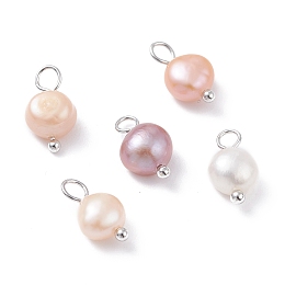 Honeyhandy Natural Cultured Freshwater Pearl Charms, with Platinum Brass Ball Head pins, Oval, Seashell Color, 10~12x6.5~8x4~5.5mm, Hole: 2.3~2.6mm