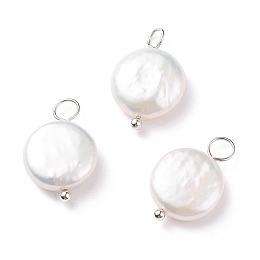 Honeyhandy Natural Baroque Pearl Keshi Pearl Pendants, Cultured Freshwater Pearl, with Brass Loops, Flat Round, Floral White, Platinum, 17.5x11x4.5mm, Hole: 2.1~3.1mm