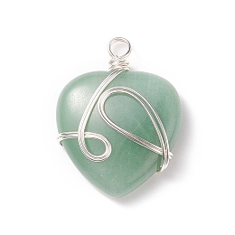 Honeyhandy Natural Green Aventurine Pendants, with Silver Tone Copper Wire Wrapped, Heart, 39~41x30~30.5x8.5~9.5mm, Hole: 4~4.2mm