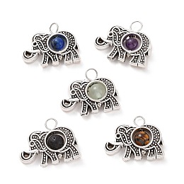 Honeyhandy Natural Mixed Stone Pendants, Elephant Charm, with Antique Silver Tone Alloy Findings, 14.5x18x4.5mm, Hole: 2mm