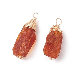 Honeyhandy Natural Amber Pendants, Chips Charms, with Brass Loops, Light Gold, 22~29x9.5~11x7~10mm, Hole: 2~2.5mm