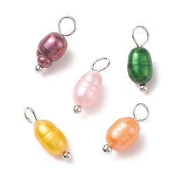 Honeyhandy Dyed Natural Cultured Freshwater Pearl Rice Charms, with Brass Ball Head Pins, Mixed Color, Platinum, 13x5mm, Hole: 3.2mm