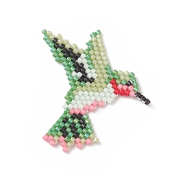 Honeyhandy Handmade Loom Pattern MIYUKI Seed Beads, Woodpecker Pendants, Green, 37x37x1.4mm