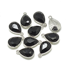 Honeyhandy Alloy Glass Pendants, Faceted, teardrop, Platinum, Black, 19x12x6mm, Hole: 1.5mm