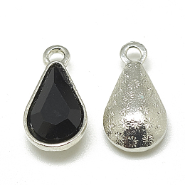 Alloy Glass Pendants, Faceted, teardrop, Platinum, Black, 18x10x5mm, Hole: 2mm