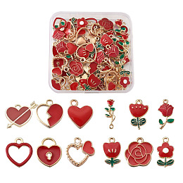 Honeyhandy Alloy Enamel Pendants, Heart & Flower, Golden, Red, 72pcs/box