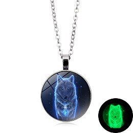 Honeyhandy Luminous Glow in the Dark Glass Wolf Pendant Necklace with Alloy Chains, Platinum, 17.72 inch(45cm)