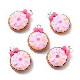 Honeyhandy Resin Pendants, with Platinum Iron Peg Bail, Donut and Bowknot, Pearl Pink, 23.5x17.5x7.5mm, Hole: 2mm