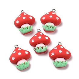 Honeyhandy Opaque Resin Pendants, with Platinum Tone Iron Loops, Mushroom, Red, 28.5x23x9.5mm, Hole: 2mm