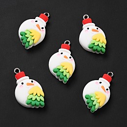 Honeyhandy Christmas Opaque Resin Pendants, with Platinum Tone Iron Loops, Snowman with Tree Charm, White, 31x17.5x7mm, Hole: 2x2.5mm