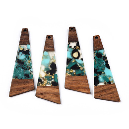 Honeyhandy Transparent Resin & Walnut Wood Big Pendants, with Gold Foil, Trapezoid Charms, Turquoise, 57.5x19.5x3mm, Hole: 2mm