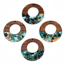 Honeyhandy Transparent Resin & Walnut Wood Pendants, with Gold Foil, Donut Charms, Turquoise, 38x3mm, Hole: 2mm