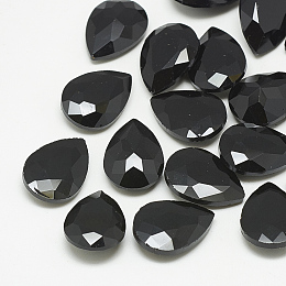 Honeyhandy Pointed Back Glass Rhinestone Cabochons, Faceted, teardrop, Jet, 14x10x4.5mm