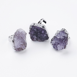 Honeyhandy Adjustable Natural Druzy Amethyst Finger Rings, Nuggets, Size 8, Platinum, 18mm, Size 8