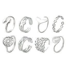 Honeyhandy 8Pcs 8 Style Whale Tail & Wave & Flower & Vortex & Snake Stainless Steel Open Cuff Ring Set, Adjustable Rings for Women, Stainless Steel Color, Inner Diameter: 16.5~17.9mm, 1Pc/style