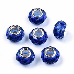 Honeyhandy Transparent Resin European Beads, Imitation Crystal, Large Hole Beads, with Silver Tone Brass Double Cores, Faceted, Rondelle, Blue, 14x9.5mm, Hole: 5mm