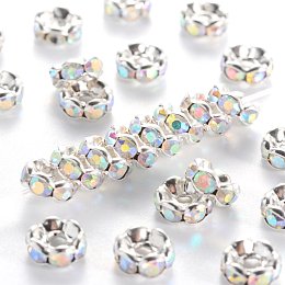 NBEADS 100pcs/bag Grade A Brass Rhinestone Spacer Beads, Beads, Clear White, with AB Color Rhinestone, Silver Metal Color, Nickel Free