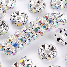 Honeyhandy Rhinestone Spacer Beads, Grade A, Clear AB White, with AB Color Rhinestone, Silver Color Plated, Brass, Nickel Free, Size: about 8mm in diameter, 3.8mm thick, hole: 1.5mm