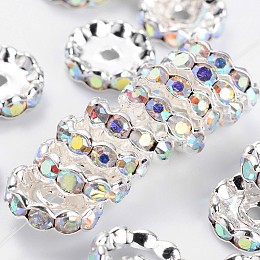 Honeyhandy Grade A Brass Rhinestone Spacer Beads, Basketball Wives Spacer Beads for Jewelry Making, AB Color, Rondelle, Nickel Free, Clear AB, Silver Color Plated, about 12mm in diameter, 4mm thick, hole: 2.5mm