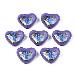 Flower Printed Opaque Acrylic Heart Beads, Slate Blue, 16x19x8mm, Hole: 2mm