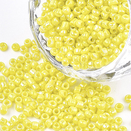 Honeyhandy Opaque Glass Seed Beads, Rainbow Plated, Round, Yellow, 4mm, Hole: 1.5mm, about 4500pcs/bag