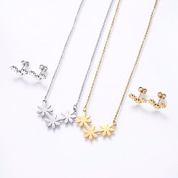 Honeyhandy 304 Stainless Steel Jewelry Sets, Stud Earrings and Pendant Necklaces, Flower, Mixed Color, Necklace: 18.9 inch(48cm), Stud Earrings: 8.5x14x1.2mm, Pin: 0.8mm