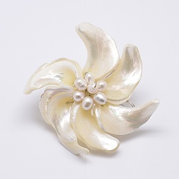 Honeyhandy Dual-use Items, Natural White Shell Mother of Pearl Shell Flower Pendants/Brooches, with Platinum Plated Brass Findings and Shell Pearl, Creamy White, 51~56x54~62x22mm, Hole: 4~5x6~7mm