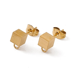 Honeyhandy 304 Stainless Steel Stud Earring Findings, with Ear Nuts and Horizontal Loops, Cube, Golden, 8x5mm, Hole: 2mm, Pin: 0.5mm