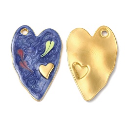 Honeyhandy 304 Stainless Steel Enamel Pendants, Real 18K Gold Plated, Heart Charm, Dark Blue, 36x24x2.5mm, Hole: 2.5mm