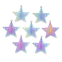 Honeyhandy Ion Plating(IP) 201 Stainless Steel Filigree Pendants, Etched Metal Embellishments, Star, Rainbow Color, 23x22x0.4mm, Hole: 1.2mm