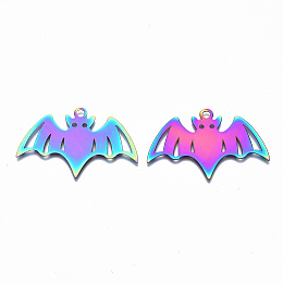 Honeyhandy 201 Stainless Steel Pendants, Ion Plating(IP), Halloween Bat, Rainbow Color, 26.5x41x0.3mm, Hole: 2mm