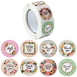 Honeyhandy 8 Patterns Paper Thank You Sticker Rolls, Round Dot Floral Decals, for Envelope, Gift Bag, Card Sealing, Mixed Color, 25mm, 500pcs/roll