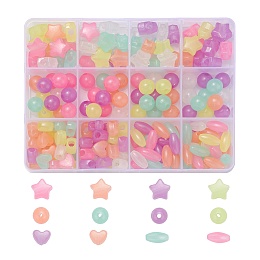 Honeyhandy 200Pcs 4 Style Luminous Acrylic Beads, Glow in the Dark, Heart & Star & Round & Oval, Mixed Color, 50pcs/style