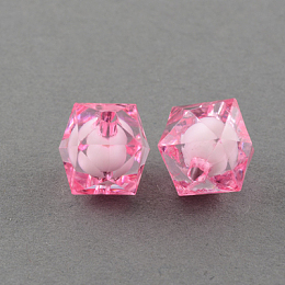 Honeyhandy Transparent Acrylic Beads, Bead in Bead, Faceted Cube, Hot Pink, 10x9x9mm, Hole: 2mm, about 1050pcs/500g