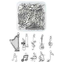 Honeyhandy 60Ppcs 10 Style Tibetan Style Alloy Pendants, Cadmium Free & Lead Free, Guitar & Musical Note & Trumpet, Antique Silver, 17~39x10~14.5x1.5~4.5mm, Hole: 1~2mm, about 6pcs/style