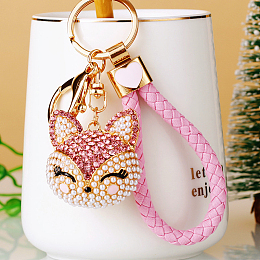 Honeyhandy Full Rhinestone Pearl Fox Head Pendant Keychain, with Zinc Alloy Findings and Polyester Cord, for Women's Bag Pendant Decorations, Pink, 100mm