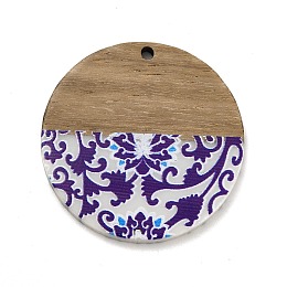 Honeyhandy Printed Resin & Wood Pendants, Flat Round Charm with Blue and White Flower Pattern, Dark Slate Blue, 35x3mm, Hole: 2mm