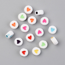 Honeyhandy Opaque Acrylic Beads, Flat Round with Heart, Mixed Color, 7x4mm, Hole: 1.8mm, 380pcs/50g