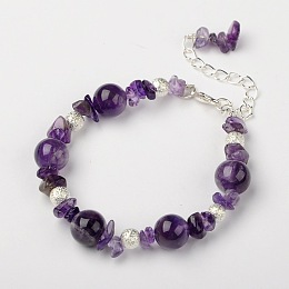 Honeyhandy Amethyst Bracelets, with Brass Textured Beads and Alloy Lobster Claw Clasps, Silver Color Plated, Amethyst, 7-1/4"(18.5cm)