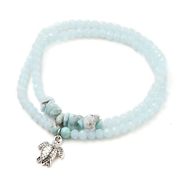 Honeyhandy Stretch Bracelets Sets, Stackable Bracelets, with Sea Turtle Alloy Pendants, Rondelle Glass Beads, Natural Larimar & Turquoise Beads, Antique Silver, Light Cyan, Inner Diameter: 2-1/8 inch(5.5cm), 2pcs/set