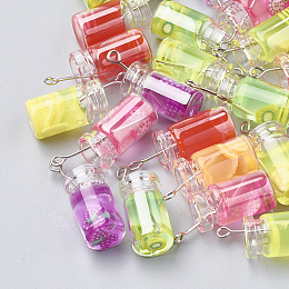 Honeyhandy Glass Bottle Pendants, with Resin Inside, Imitation Fruit Juice, Mixed Color, 25x11x10mm, Hole: 1.8mm